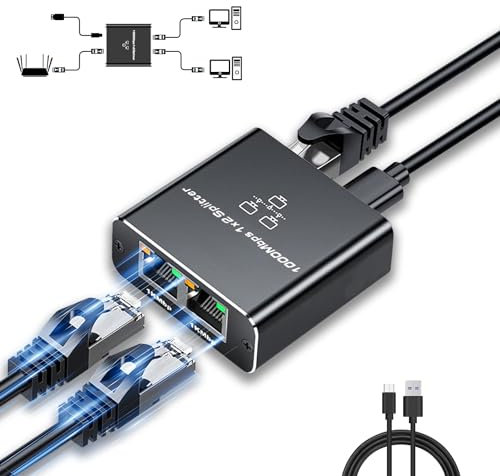 Répartiteur Ethernet 1 vers 2, 2 ports 1000 Mbps RJ45 LAN Internet Splitter Gigabit Ethernet Switch avec alimentation C-type pour ordinateur, concentrateur, commutateur