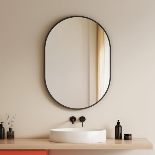 EMKE Badspiegel Oval Schwarz 50 x 70 cm, HD Dekorativer Wandspiegel | Ovaler Wandspiegel, schwarzer Rahmen, horizontal vertikal, Badezimmer Wohnzimmer Flur, explosionsgeschützt Sicherheit