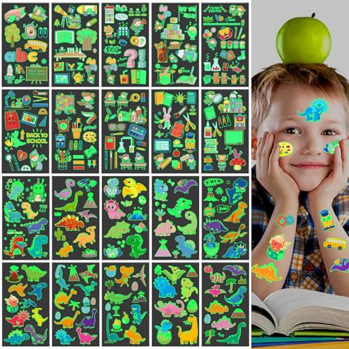 Dino Tattoo Schulanfang Tattoo 20 Bögen, Einschulung Junge Schultüte Füllung Leuchttattoos Kinder, Schulkind Geschenk Einschulung Geschenk Inhalt Schultüte Junge