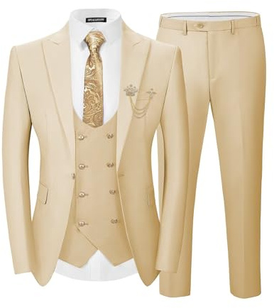 SPTALLFITJSV Men's 3 Piece Suits Slim Fit, Blazer Double Breasted Vest and Pants, Wedding Prom Business Suit with Gold Button