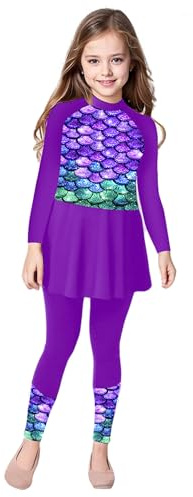 Fldy Mädchen UV Badeanzug Langarm Badeoberteil Kleid Hose 2er Set Kinder Rashguard Bademode Badebekleidung Sonnenanzug Violett 122-128