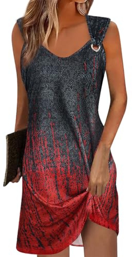 Yeenily Vestito Donna Senza Maniche Scollo a V Abiti Casual Abito Spiaggia Loose Mini Lunghi Vestiti Estivo Corto Prendisole (Nero-Rosso Stampa, XL)