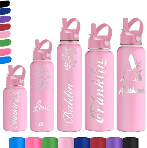 Akmxem Gourde Personnalisable pour Enfant - Gourde PersonnaliséE Bouteille D'Eau Avec Nom - Gourde Isotherme Personnalisable GravéE Avec Paille pour L'éCole Le Sport Le Bureau L'ExtéRieur