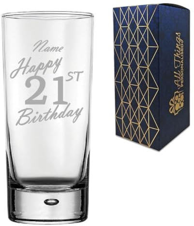 Personalised Engraved Vodka Hiball Glass, Happy 21st Birthday Handwritten Design, Rum Glass, 13oz or 365ml Capacity, Customise with Any Name, Gift Boxed