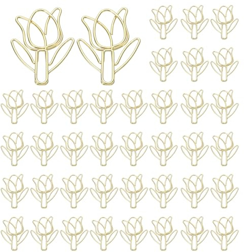 PATIKIL Niedliche Motiv-Büroklammern Gold, 40 Stück Tulpenform | Büroklammern Metall Lustige Lesezeichen Planer Clips Klammer für Zuhause Bürobedarf Schreibtisch Datei Organisation