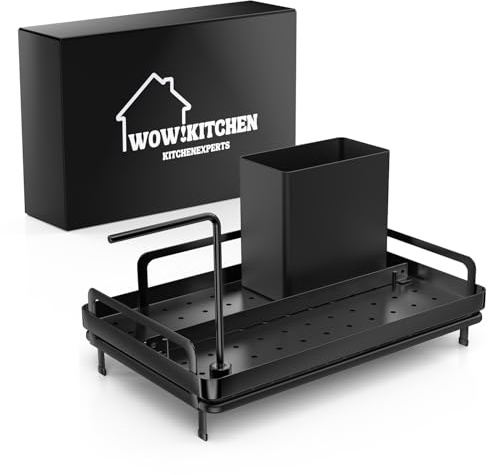 WOW!Kitchen® Spülbecken Organizer aus Edelstahl Schwarz, Küchenorganizer Spüle mit Stecksystem, Schwammhalter Küche mit Abnehmbarer Wasserauffangschale, Rutschfest, Kratzfest & Platzsparend