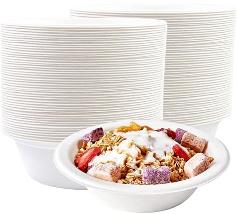 BOKFJBP 100 cuencos blancos desechables de caña de azúcar, 350 ml, cuencos para sopa, bagazo de larga duración, conservación del calor, cuencos de sopa duraderos para barbacoas, picnics, comida al