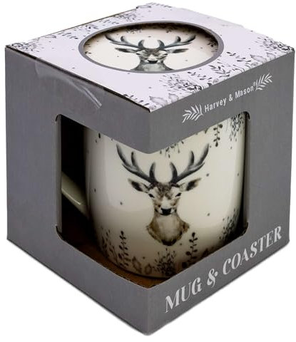 RSW Christmas Stag Mug & Coaster Set - 350ml Bone China - Gift Idea for Xmas - Stag Themed, Hot Drinks, Tea, Coffee