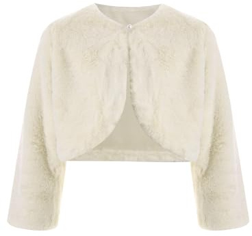 Fldy Niñas Chaqueta de Bolero con Forro de Piel Artificial Festiva Cálida con Flores para Boda, Fiesta, Vestido de Noche, beige, 140-152