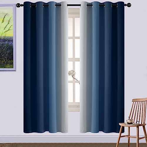 Yakamok Blue and Greyish White Ombre Curtains for Living Room,52Wx72L | Room Darkening Curtains 72,Thermal Insulated Gradient Color Drape,Light Blocking Grommet Window Curtains for Bedroom,2 Panels