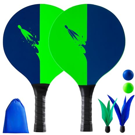 U&C Planet Beachball Set Paddle Ball Spiel Strandschlägerset aus Holz Schläger Spiel für Kinder&Familie 2 Schläger, 4 Bälle Spielzeug für Garten Strand Party