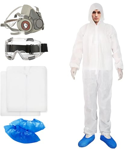 Hazmat Suits & Mask- 2 Pack Disposable SMS Protective Coveralls,Mask,Safety Glasses,Shoe Covers(Large)