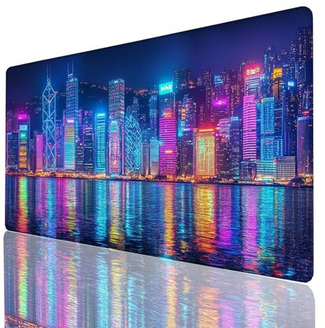 Alfombrilla Ratón Hong Kong, Alfombrilla Gaming Vista nocturna, Impermeable Tapete Escritorio 120x60x0.3cm Compatible con Raton Inalambrico y Teclado Inalambrico, Mousepad para Portatil Regalo 6741GYL