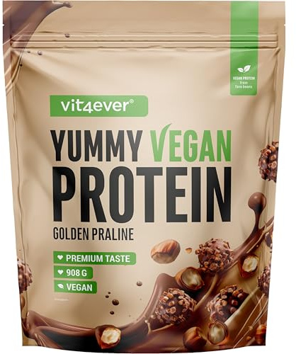 Yummy Vegan Protein Golden Nougat Praline – Batido proteico vegetal con 24,7 g de proteína por porción a partir de aislado de haba (fava) con BCAA y aminoácidos – 908 g