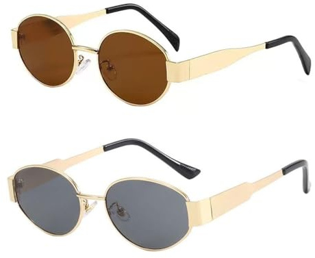HINFHI 2 Pieces Of Retro Oval Sunglasses, Fashionable Sunglasses For Both Men And Women, Outdoor Sunscreen Supplies, And Outfit Accessories.