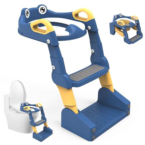 Sedia per bambini con gradino, sedile WC regolabile in altezza per bambini con scala integrata e protezione dagli schizzi, sedile antiscivolo imbottito in PU, pieghevole, per l'addestramento al vasino