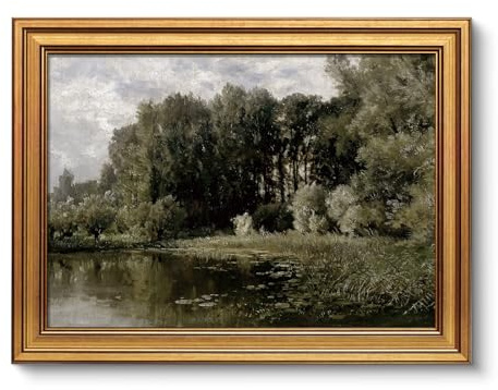 ARPEOTCY Vintage Goldener Rahmen Wandbilder Wohnzimmer, Wanddeko mit, Leinwand Bilder Wandbilder für Wohnzimmer & Schlafzimmer, Wald am Fluss 40.5L x 30.5W