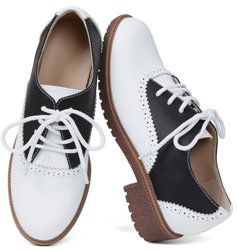 mikarka Saddle Shoes for Women, Vintage 50s Oxfords with Perforated Design | Black White Business Casual Shoes, Lace-Up Dress Brogues, Comfortable Chunky Heel & Soft Insole, Retro Daily Outfits