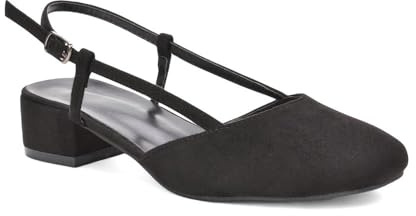 ESSEX GLAM Women's Slingback Court Shoes Ladies Black Faux Suede Buckle Strap Party Low Block Square Toe Comfy Heel Size 6