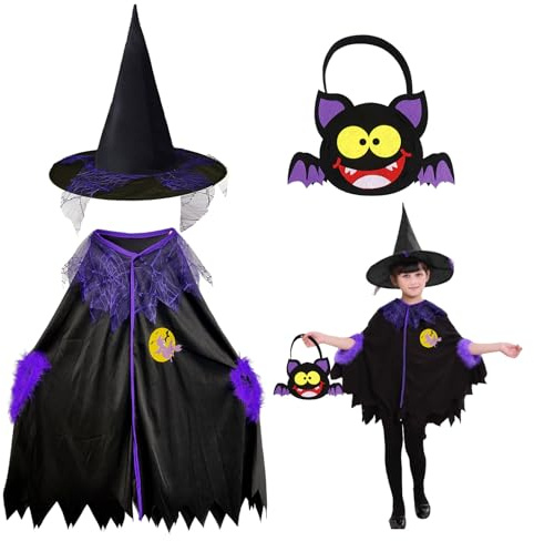 YAUOIPI 3 Pièces Ensemble Costume de Sorcière Halloween pour Enfant,Chapeau Sorciere Cape et Sac à Bonbons,pour Fête Cosplay Halloween Cosplay Fête Vampires Mascarade Jeux de Rôle (Noir)