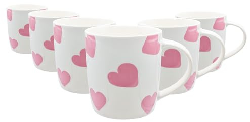 Nicola Spring 350ml Simply Home Stoneware Mugs - White & Pink Hearts - 6X Large Reusable Cute Ceramic Coloured Coffee Latte Hot Drinks Tea Cups Set with Handle | Gifts for Men & Women