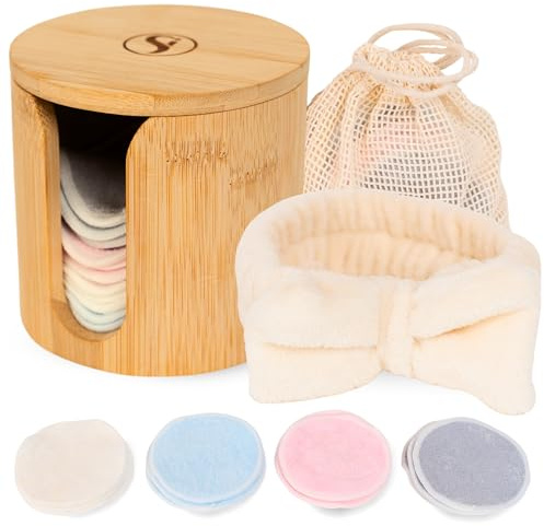 S&I Naturals Reusable Makeup Remover Pad Set – 16 Bamboo Cotton Rounds with Jar, Headband & Laundry Bag – Eco-Friendly, Washable Face Pads – Zero Waste Skincare Gift