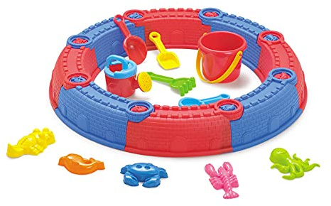 Modularer Sandkasten rund 8 Segmente rot/blau – stapelbar & steckbar – mit 11-teiligem Zubehör – Sandspielzeug für Garten & Strand – Ø 68 cm, Höhe 10 cm