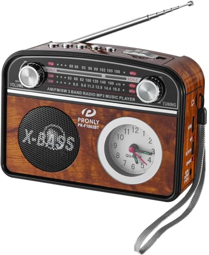 PRONLY Portable AM/FM Radio mit Bluetooth im Vintage-Stil, Radio Batteriebetrieben mit Uhr & Taschenlampe, USB/TF-Wiedergabe, für Camping, Alltag & Notfälle, Holzoptik (PR-1002BT)