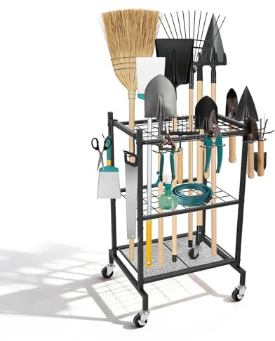 Gartenwerkzeug Organizer Garage Standregal,4 Haken und 35 Schlitze, Kohlenstoffstahl, Mehrzweck Gartengerätehalter mit Rollen, für Schuppen Besen, Mopp, Rechen, Schaufel, Gartenschlauch