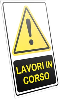 PRINTIMA 21x32 cm Cartello Lavori in Corso in PCV, piktogramma di avviso con simbolo attenzione, tabella segnaletica resistente per cantiere, officina, magazzino e aree operative