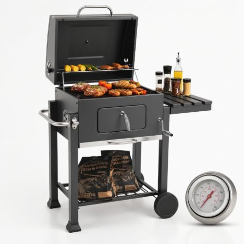 TLGREEN Barbacoa de carbón vegetal con tapa, termómetro, 2 ruedas, parrilla esmaltada y cromada, bandeja de cenizas de carbón vegetal, altura ajustable, carro de barbacoa, 124 x 56 x 140 cm, barbacoa