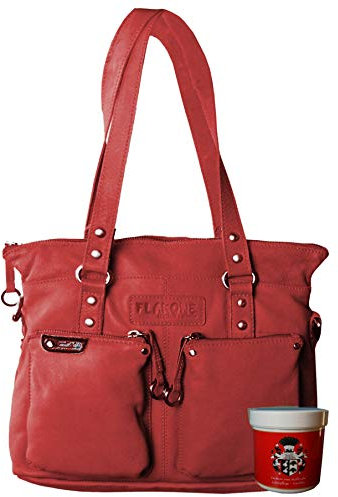 LL Baron of MALTZAHN Damen Schultertaschen FLAKONE red-Beere Shopper-718 aus Leder incl. Lederpflege