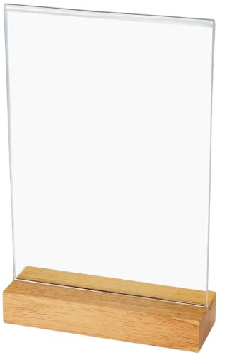 HMF 46942 Acryl Tischaufsteller mit Holzfuß | DIN A5 Hochformat | Glasklar