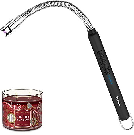SUPRUS Candle Rechargeable Electric Arc Lighter Stainless Steel Housing & Hanging Hook with 360° Flexible Neck (Black)