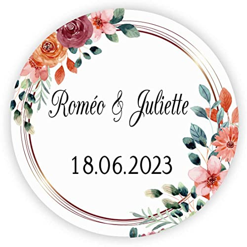 MameArt 50stk 4cm Personalisiert Hochzeit Aufkleber, mit Namen und Datum Sticker für Hochzeit Gastgeschenk Taufe Kommunion Geburtstag Feste Geschenke Präsente (Kranz A)
