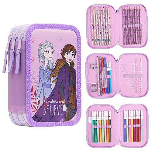 Disney Federmäppchen Mädchen Die Eiskönigin Stitch Federtasche Mädchen Gefüllt Schulmäppchen 2 3 Fächer mit Inhalt Schule Etui Pencil Case Schulmäppchen (Rosa Eiskönigin Mehrfach)