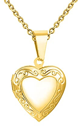 KunBead Jewelry 20 inch Love Gold Heart Photo Picture Locket Necklace with Picture inside-Stainless Steel for Women