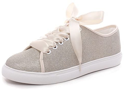 Elivandon 16052 Wedding Shoes Bling Bridal Sneakers Flats Bride Tennis Shiny Sequin Shoes Sparkly Sneakers Colour Champagne,Size 6.5 B(M) US/37 EU