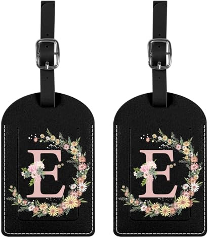 BHAHB 2 Stück Gepäckanhänger,Kofferanhänger mit Anfangs Brief, PU-Leder,ästhetische Niedlich Monogramm Reisetasche Etiketten für Frauen Mädchen (Black Letter-E)