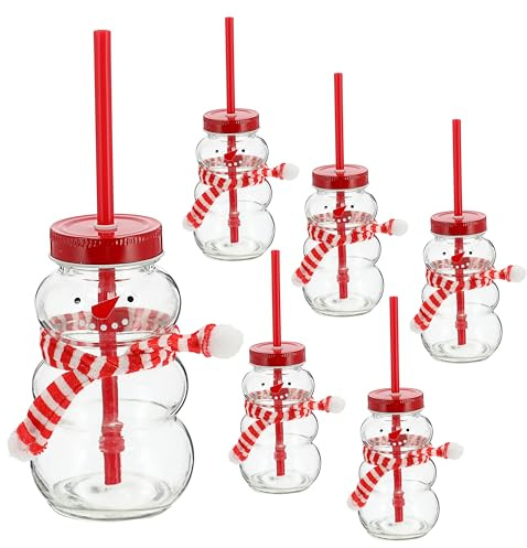 Cepewa Trinkglas Schneemann 6er Set | Füllmenge 260ml Glas Metall Kunststoff | Glas mit Deckel und Trinkhalm (1x 6er Set Schneemann)
