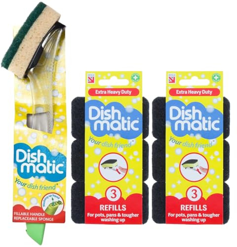 Fillable Washing up Brush Handle | Plus 7X Extra Heavy Duty Sponge Refills Bundle | Easy Grip Dispensing Handle | Super Scrubber Scourer Cleaner for Kitchen Bathroom Etc.