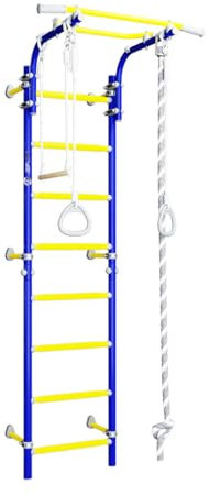 JEFLEX - blau/gelbe Kinder Sprossenwand mit Verstellbarer Klimmzugstange/Robuste Fitness-Station fürs Kinderzimmer/Einfache & vielseitige Montage/inkl. tollem Kletterwand-Zubehör