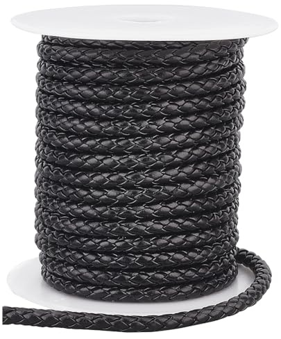 PH PandaHall Cordón de cuero trenzado de 10.9 yardas, correa redonda de piel sintética de 5 mm, cordón de cuero negro, cuerda de cuero sintético para collar, pulsera, joyería, cinturón, manualidades,