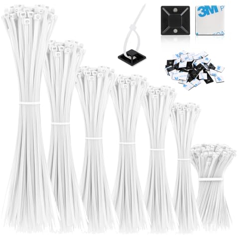 VFANDV Kabelbinder Set 1000 Stück Und 50 Klebesockel, 100/150/200/250/300 mm Halter in Weiß, Selbsthemmend für Kabelmanagement, UV Beständig Gartenarbeit