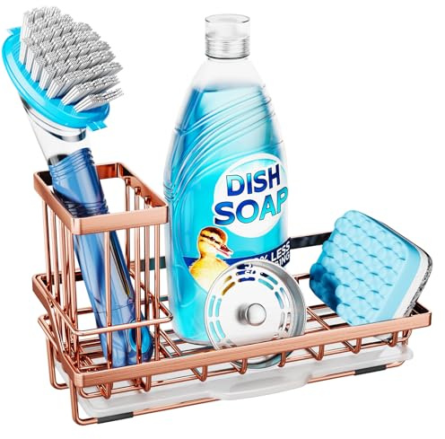 Consumest Sponge Holder for Kitchen Sink - Sink Caddy Kitchen Sink Organizer with Removable Drip Tray for Countertop Dish Soap Dispenser Brush Storage Accessories 304 Stainless Steel, Rose Gold