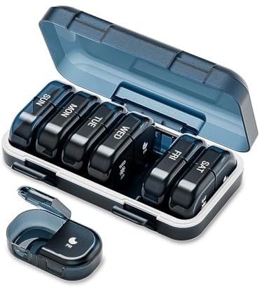 ONTERATE Wochen Tablettenbox für 2 Mal Täglich, AM PM Tablettenbox für 7 Tage, Feuchtigkeitsbeständige Tablettendose mit 14 Fächern, Reise Tablettenbehälter für Vitamine, Fischöl (Blau)