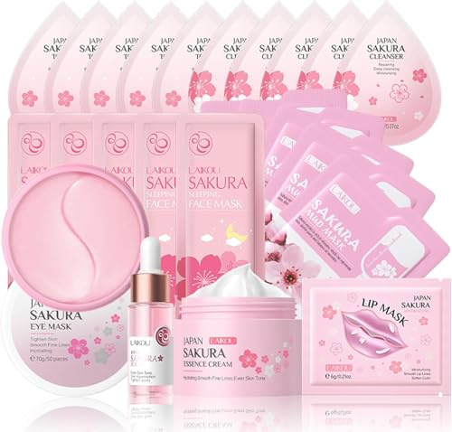Sakura Skin Care Sets & Kits, Skin Care For Teenage, Skin Care Set For Pamper Teenage Gifts,Facial Kit,Skincare Set,Cleanser,Toner,Serum,Cream,Mud Mask,Eye Mask,Lip Mask,Sleep Mask(24PCS)