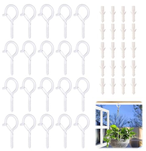 HAPPOW 20PCS White Ceiling Hooks Screw-in Hooks Cup Hangers with an Expansion Screw for Hanging Plants, Outdoor Lights,Ideal for String Lights and Indoor Use