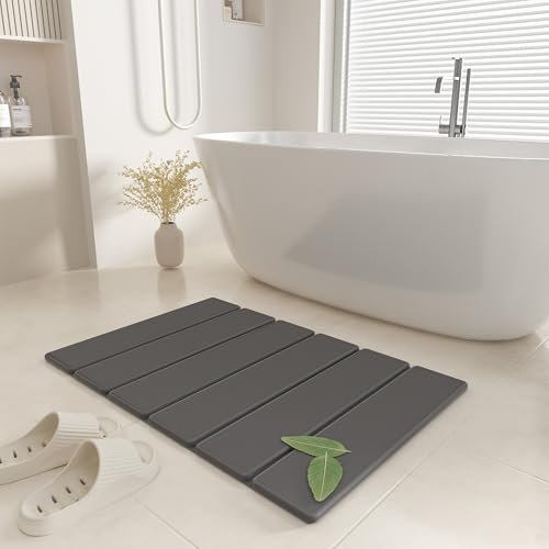 HIZH Stein Badematte,60cm Faltbar Diatomeenerde Badematte,Super Saugfähig,Schnell Trocknend,rutschfest Für Badezimmer,Leicht Zu Reinigen,Grau