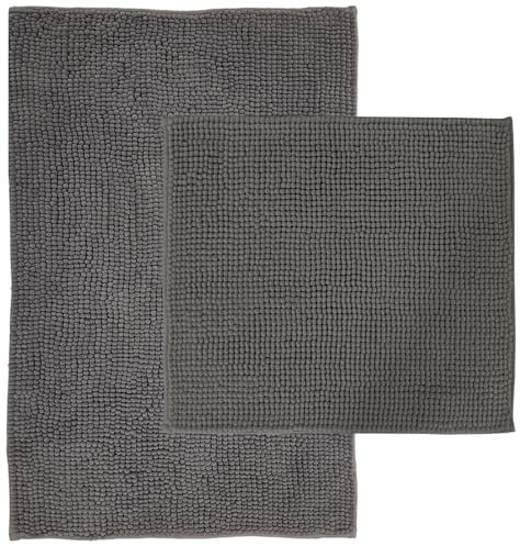 NYVI Badematten Set 2 teilig NYVISpa Chenille 45x50 + 50x80 cm Grau Badematte & WC-Vorleger - Badezimmerteppich Set - rutschfest, Saugfähig, Schnell Trocknend, Fußbodenheizung geeignet, Oeko-TEX